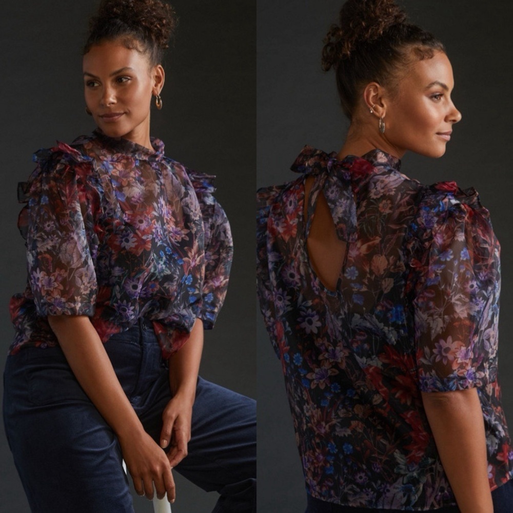 ANTHROPOLOGIE Maeve Puff Sleeved Floral Organza Top Blouse